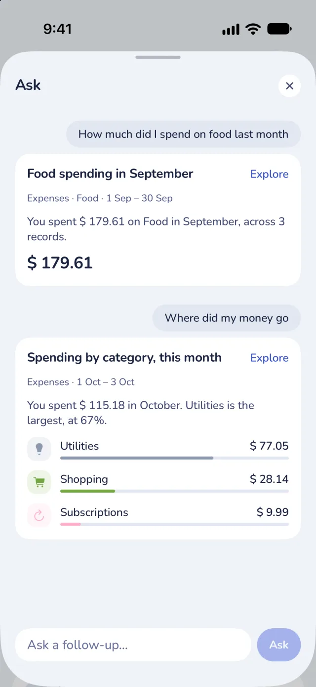 Ask: food spending in September answered with $179.61 across 3 records