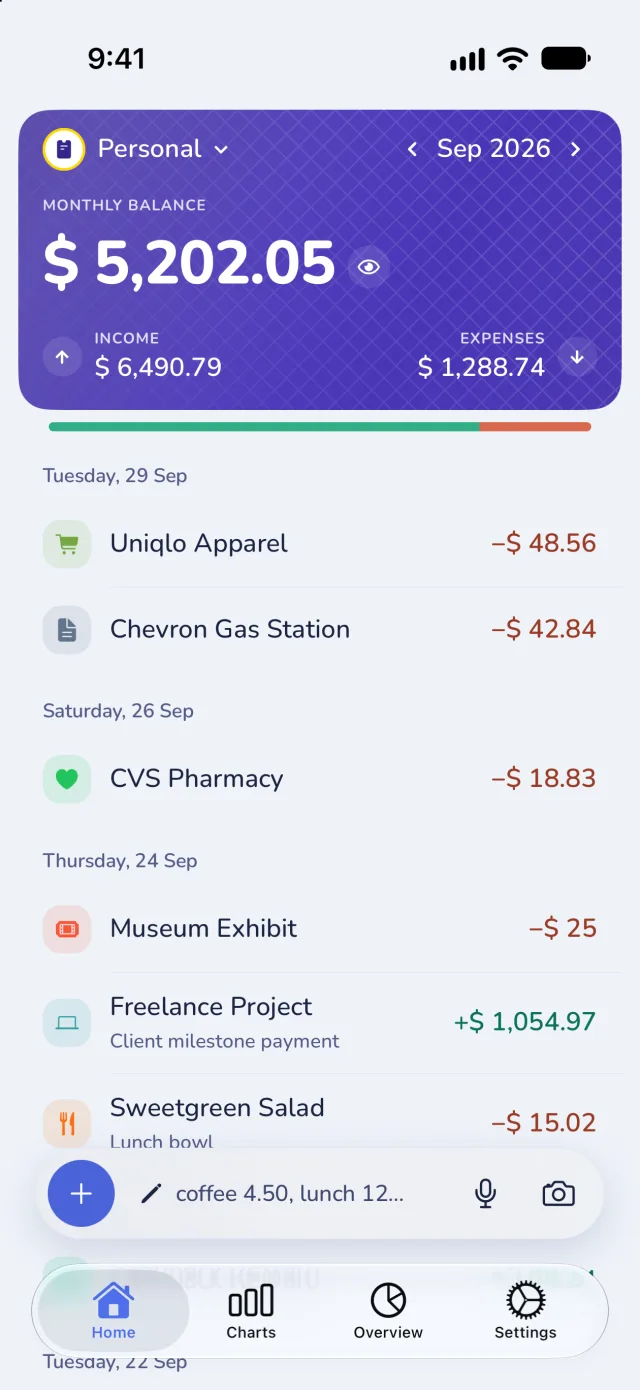 TalkTab's Home screen: a monthly balance card above the month's records