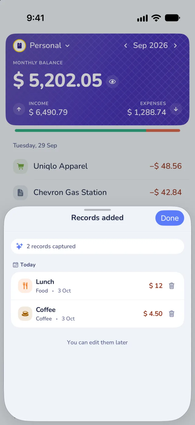 Records added: Lunch $12 and Coffee $4.50, ready to review