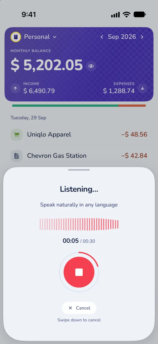 Recording a voice note: a red stop button under a live waveform